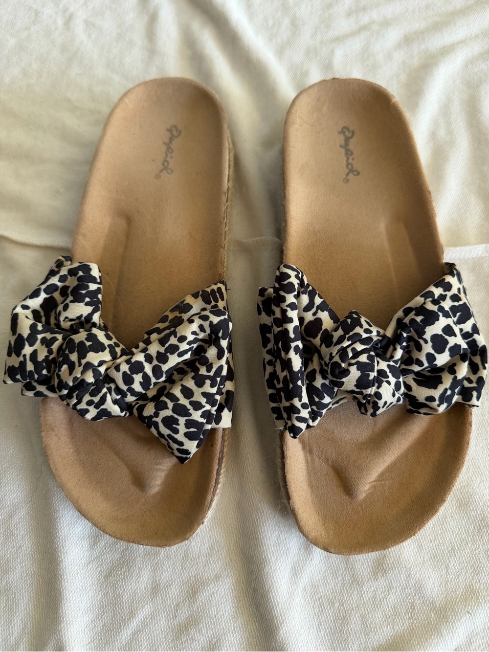 Qupid Leopard Print Bow Platform Slide Sandals Size 8 Espadrille Cork Flatform